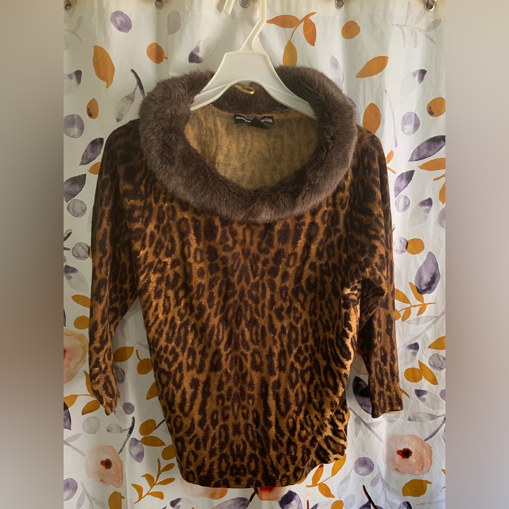 🔥5/$25 Norton McNaughton Brown Faux-Fur Trimmed Leopard Sweater Sz PL